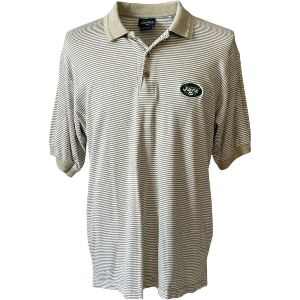 VINTGAE 1998 NFL Active New York Jets Polo Shirt Mens Medium Tan White Striped